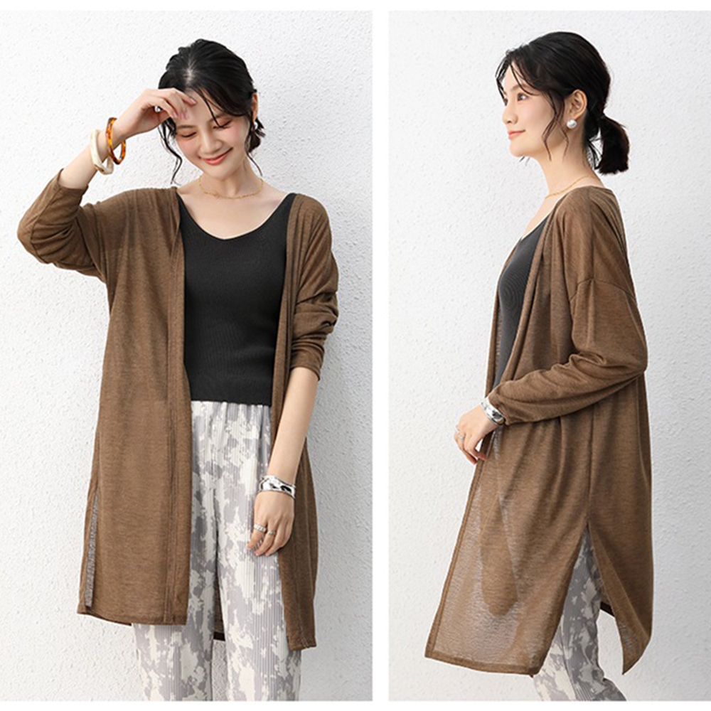 韓系透氣棉長版飄逸開衩薄款防曬外套 罩衫 4色任選