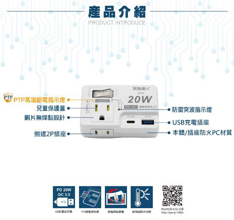 【安全達人】1開2插3P+2P 20W USB超級閃充分接器 R-61PLC