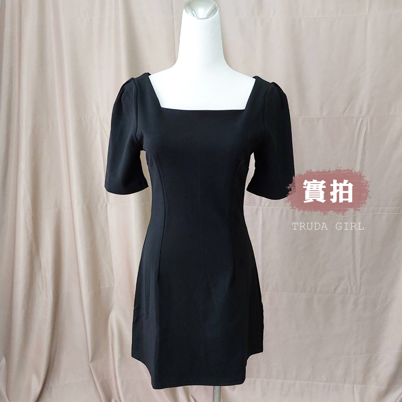 韓系氣質知性方領短袖連身小黑裙 S-2XL 洋裝 修身顯瘦