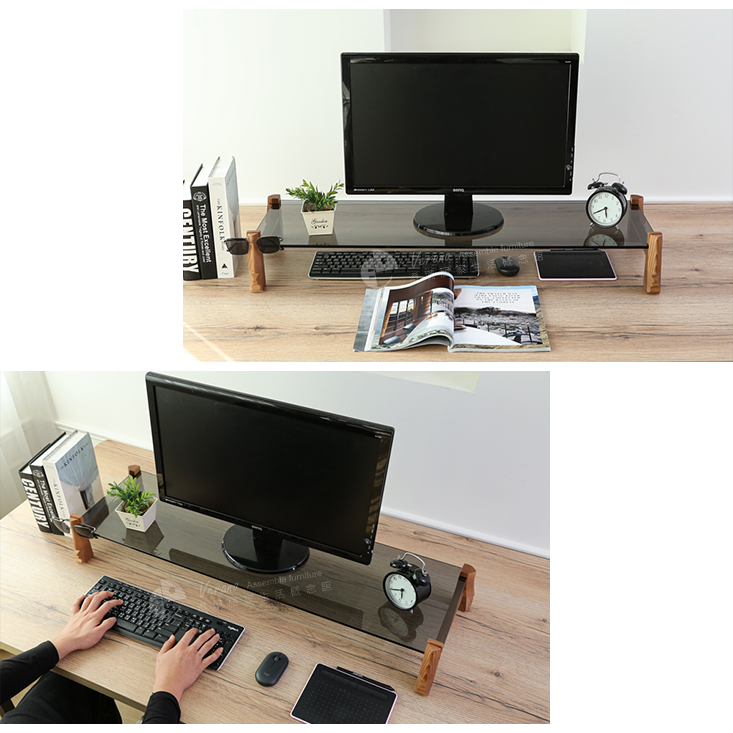 加大加寬MIT原木手工雕刻強化玻璃螢幕架 增高架 桌上架 主機架 展示架 置物架