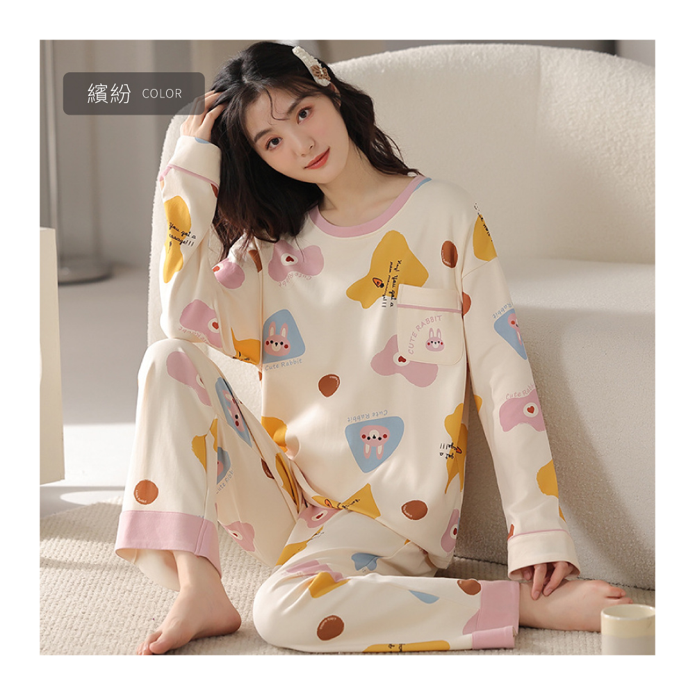 韓系寬鬆舒適棉直透氣活潑動物長袖居家睡衣 4色