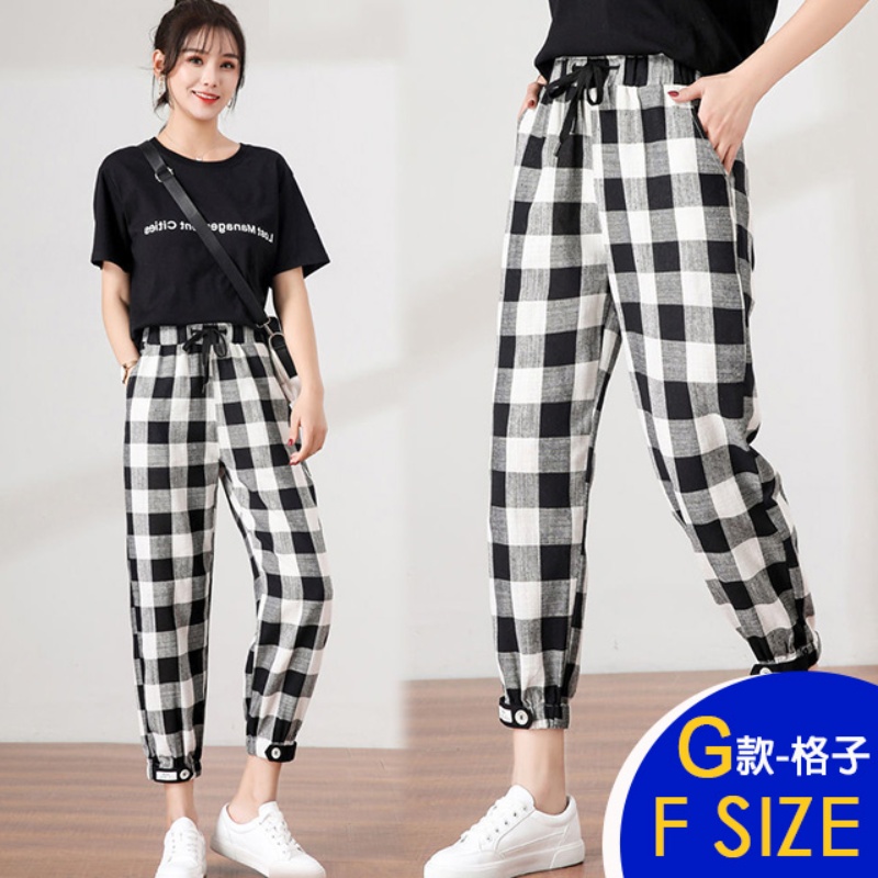 韓國製英倫格紋修身顯瘦涼爽棉麻褲 多款任選 鬆緊腰設計 寬褲 休閒褲 