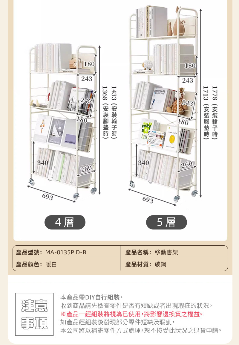 奶油風超穩固可移動鐵藝書架-升級層板(文件推車 兒童書架 移動書櫃 置物架)