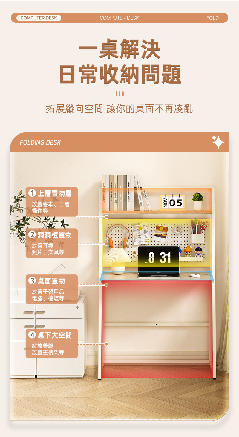 【慢慢家居】免組裝-雙層摺疊洞洞板書桌 學習桌 電腦桌