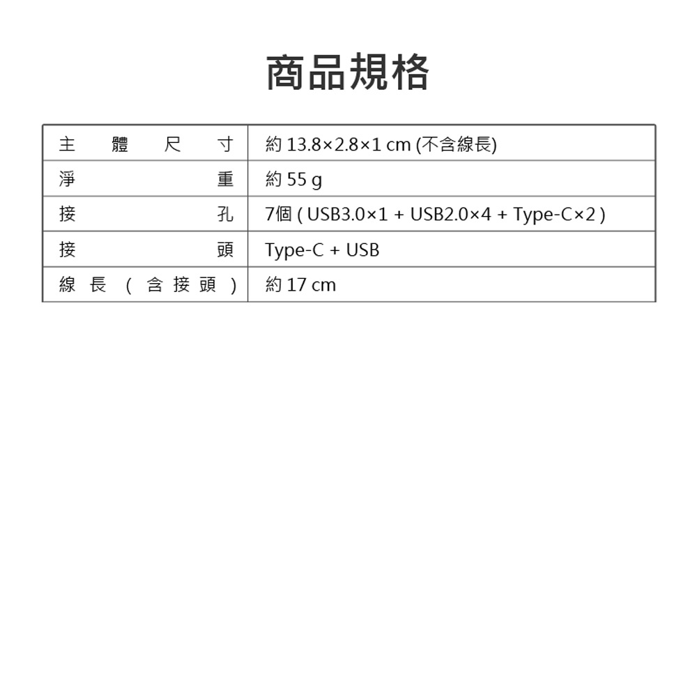 HUB-07 Type-C+USB3.0+USB2.0 七孔集線器