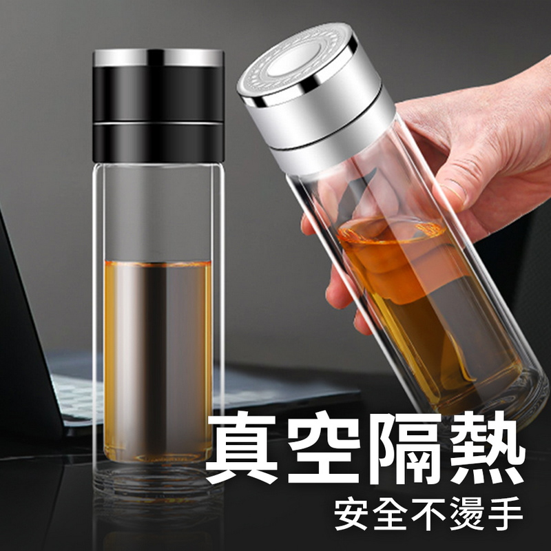 耐高溫一鍵開蓋雙層玻璃隔熱茶水分離杯