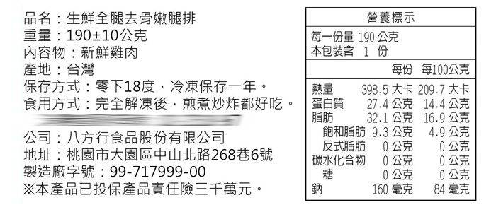 【八方行】去骨鮮嫩腿排80隻組(190g/隻/包)