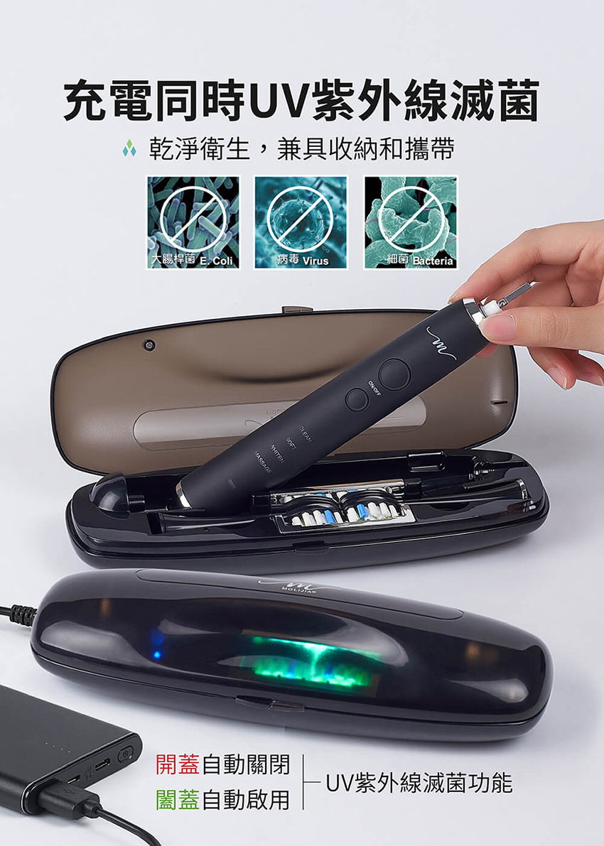 【MOLIJIA 魔力家】感應充電電動牙刷旅行組 電動牙刷頭/USB充電