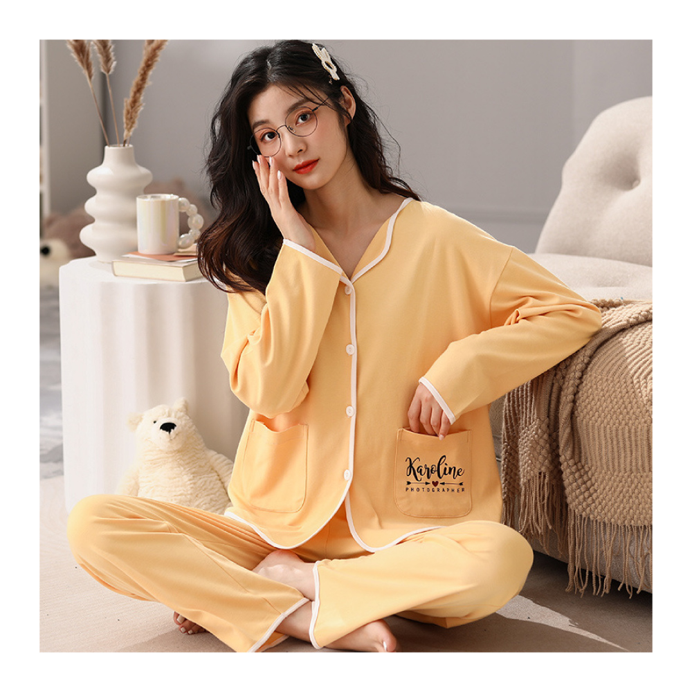 大尺碼寬鬆棉質花紋點綴開襟居家睡衣-4色 居家服 家居服