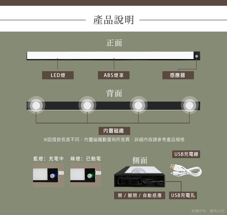 超薄大光源 USB充電磁吸式 特長LED感應燈(80cm)-自然光