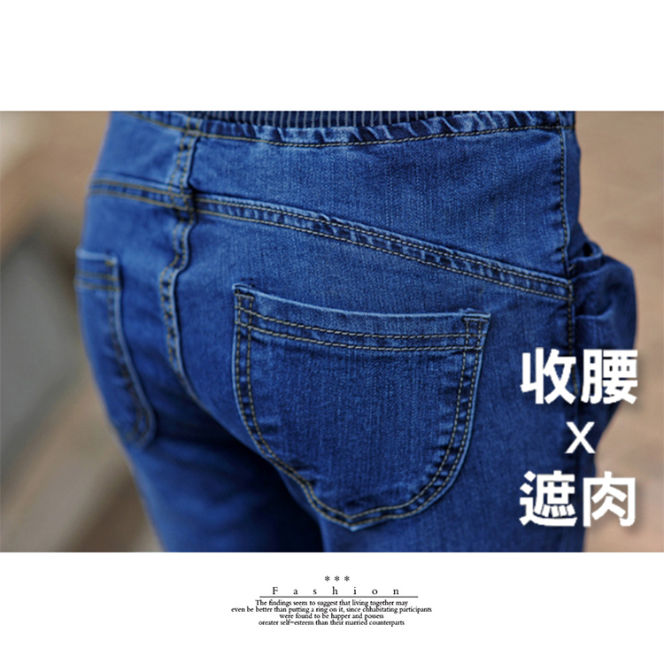  輕磅直條鬆緊褲頭反摺七分單寧褲(舒適彈性牛仔布料)S/M/L/XL/XXL