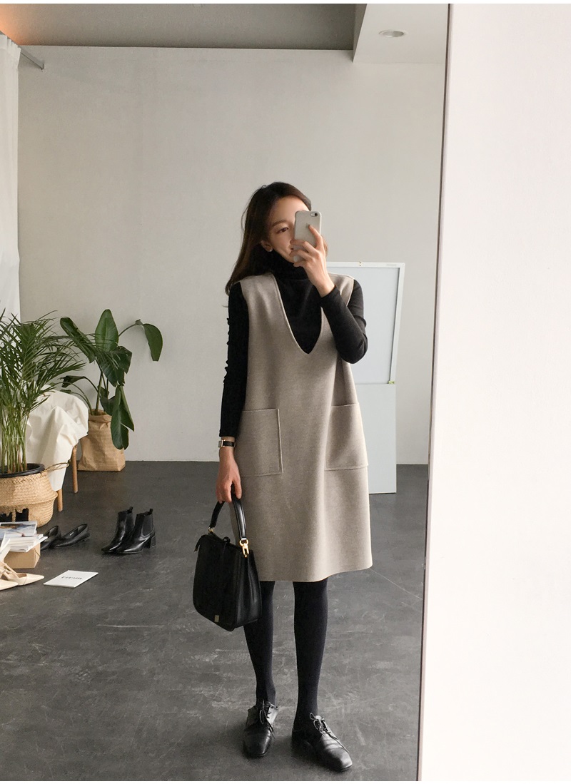 V領寬鬆修身顯瘦針織連衣裙 背心裙 洋裝 多色任選