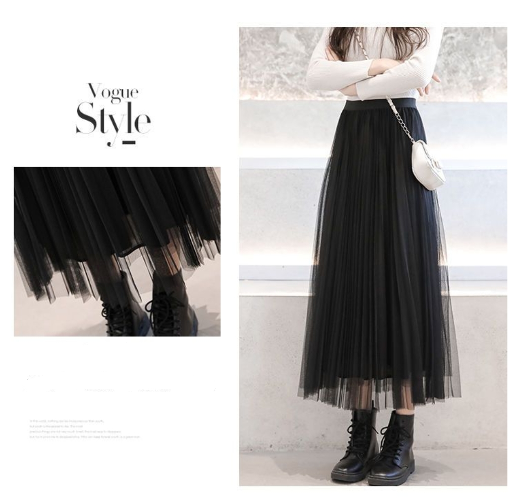 高腰顯瘦A字網紗甜美春夏唯美浪漫長裙 黑/杏/灰色任選