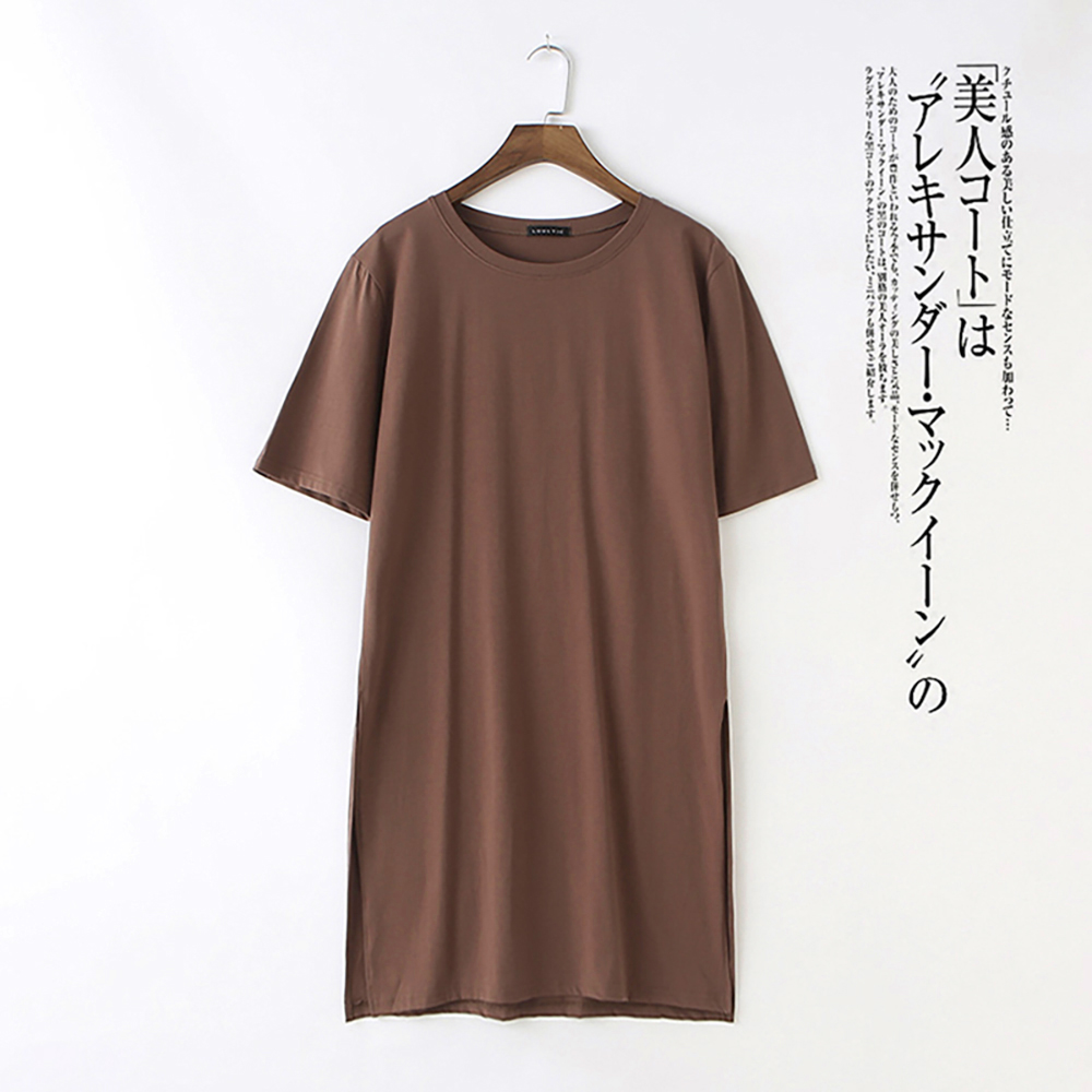 寬鬆圓領舒適棉質百搭開衩長版上衣 涼感修身顯瘦 2色任選