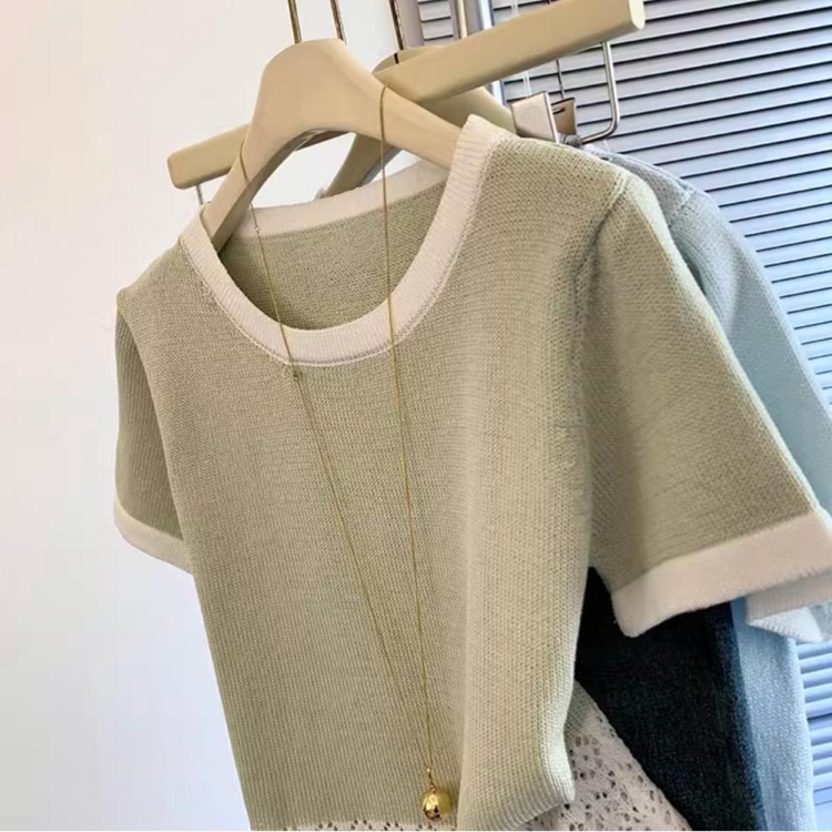 夏季針織女款短袖/V領衣/小香風金邊針織衫/V領拉鍊針織衣