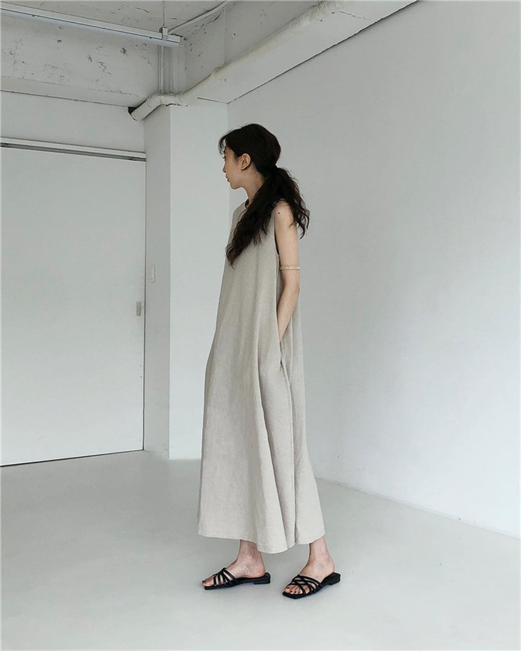 韓系修身顯瘦涼感簡約棉麻洋裝 棉麻連身裙 連衣裙 3色  