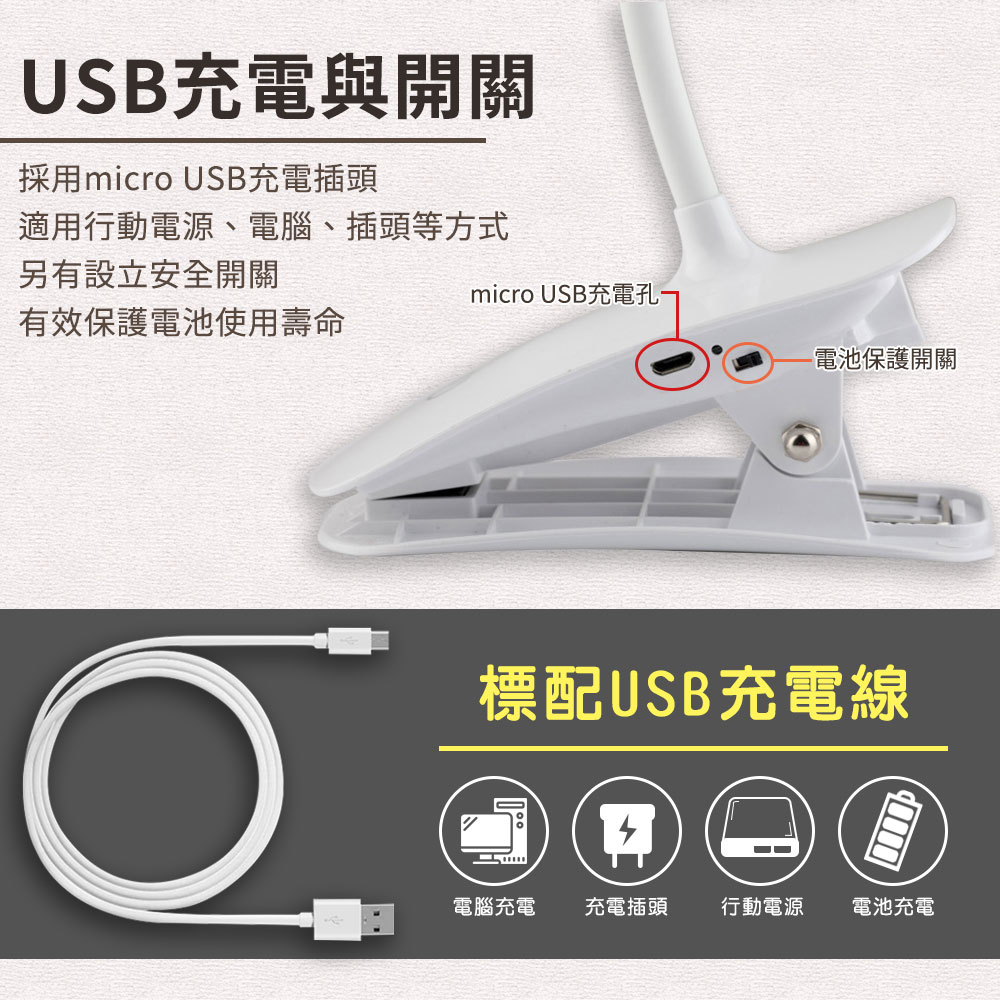       【EZlife】充電式智能觸摸調光夾燈