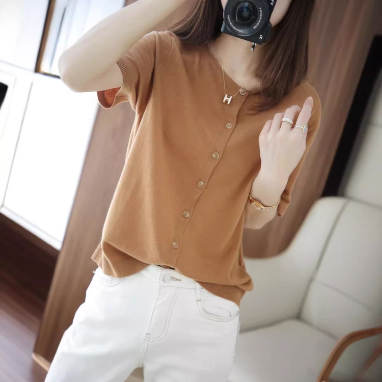 夏季針織女款短袖/V領衣/小香風金邊針織衫/V領拉鍊針織衣