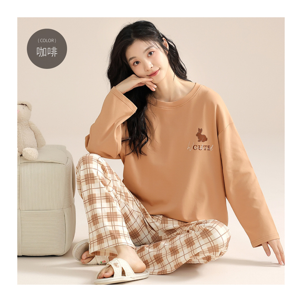 簡約日式純色格紋棉質居家睡衣-4色 家居服 居家服 透氣寬鬆