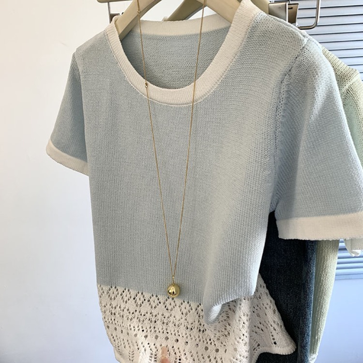 夏季針織女款短袖/V領衣/小香風金邊針織衫/V領拉鍊針織衣