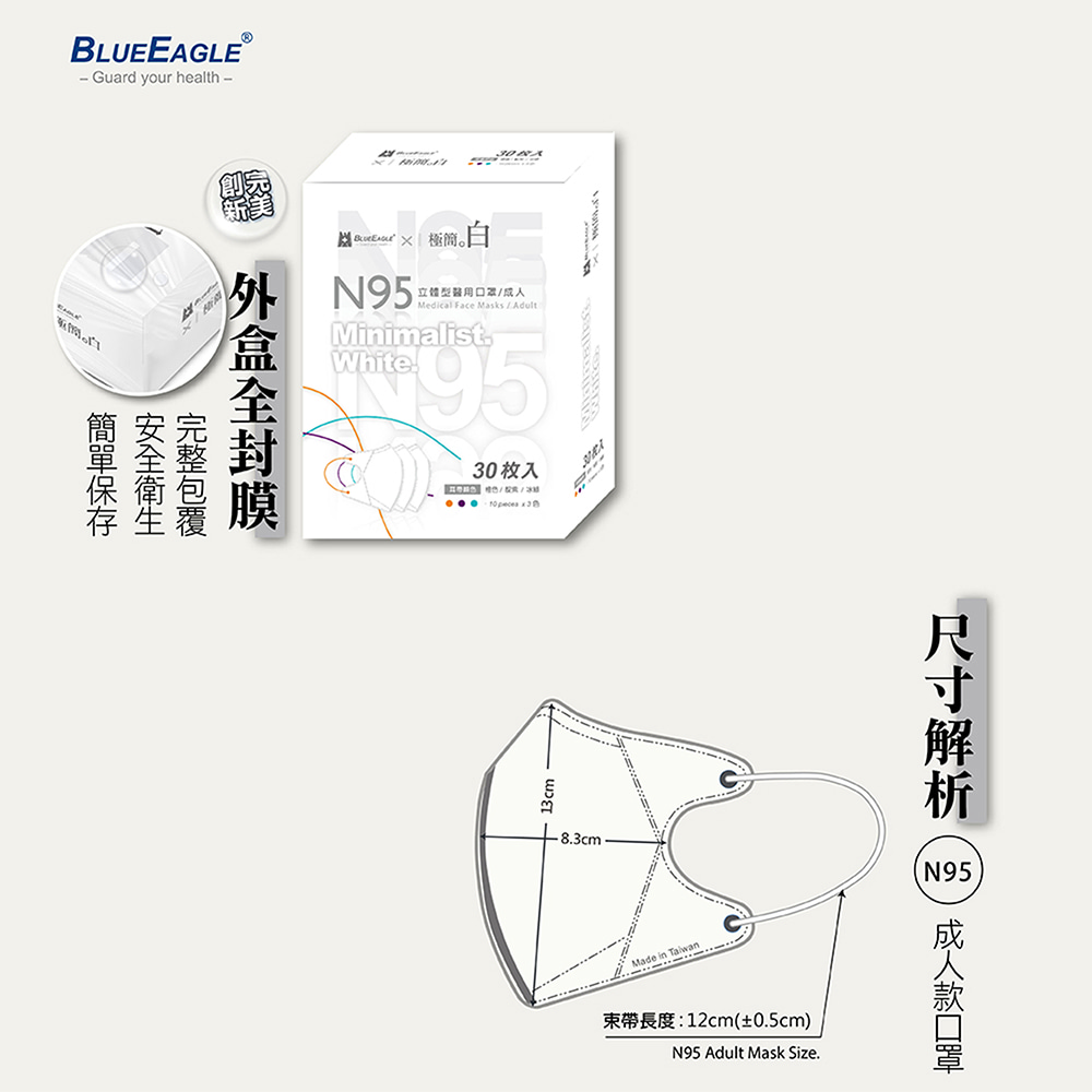 【藍鷹牌】N95醫用立體型3D成人口罩 極簡系列 30片/盒 (6款任選)