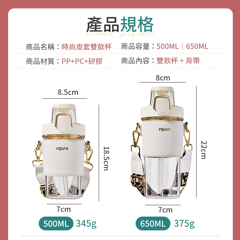 (福利品)時尚皮套雙飲水壺(直飲/吸嘴口)附背帶 500ML/650ML4色可選