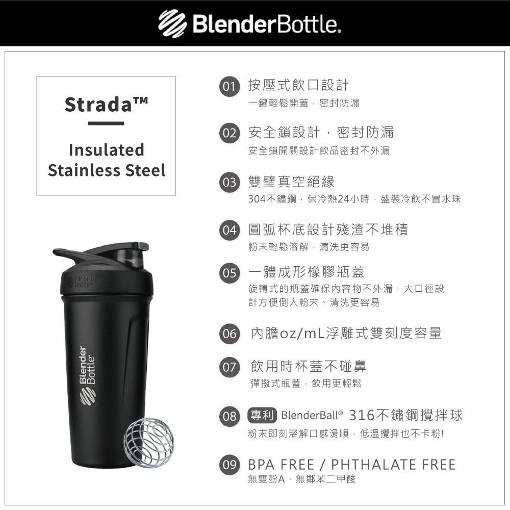 【Blender Bottle】Strada 不鏽鋼按壓式搖搖杯24oz/710