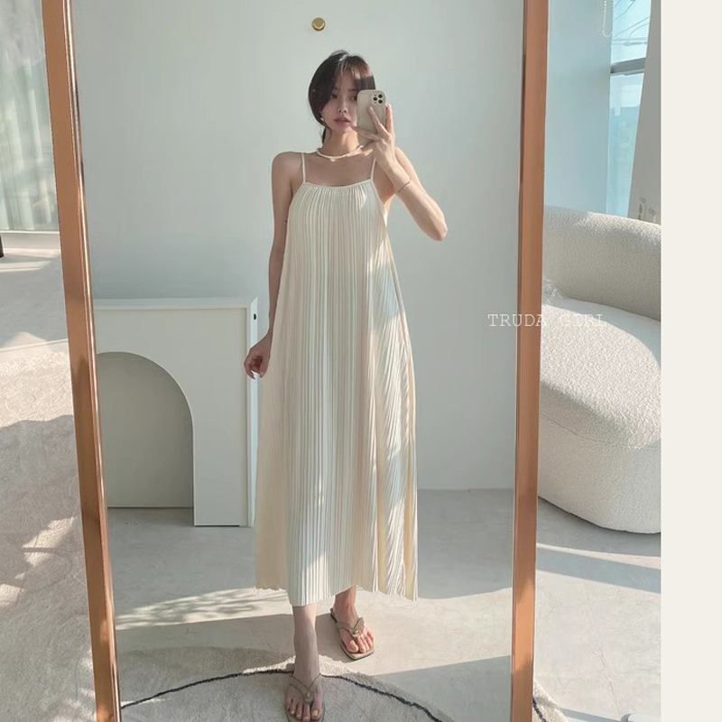 韓系女孩夏日寬鬆雙層百褶吊帶連身裙 洋裝 2色