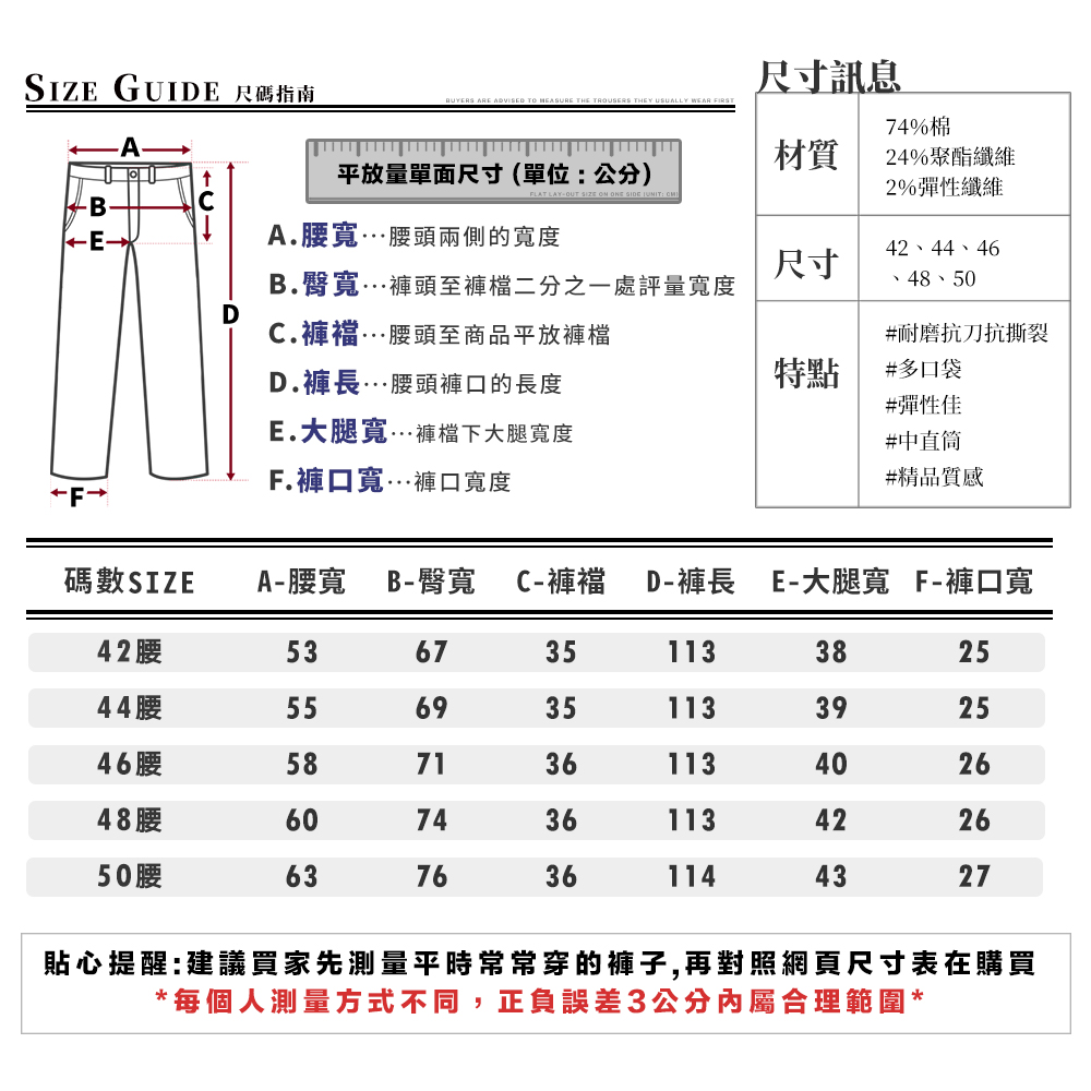 加大尺碼伸縮彈性多口袋丹寧原色工裝牛仔褲 工作褲 42-50腰
