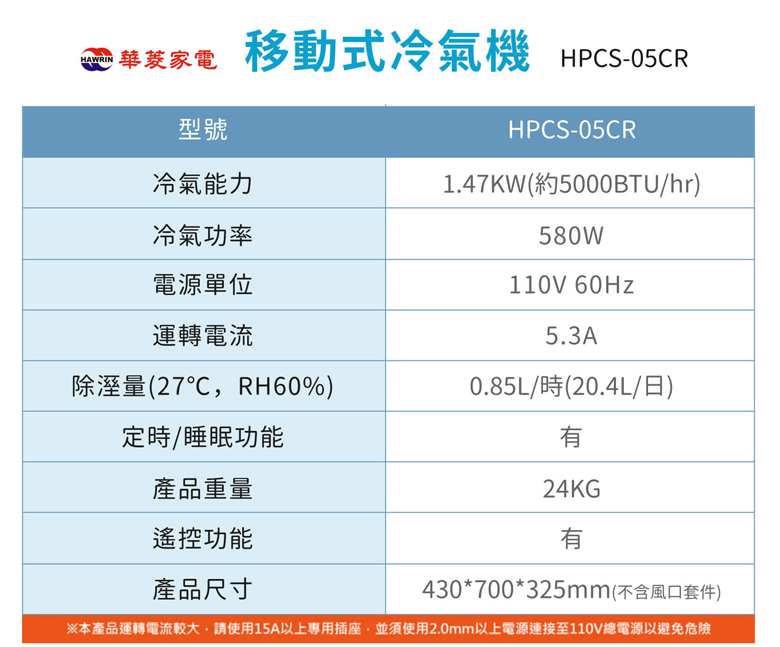 【HAWRIN華菱】冷專型移動式冷氣HPCS-05CR(5000BTU/冷氣/除