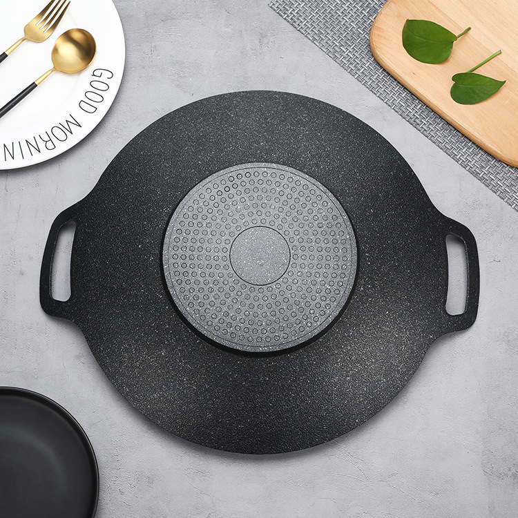 【小魚嚴選】烤盤附矽膠防燙握把 電磁爐通用款/直火款 (附防燙握把/麥飯石)