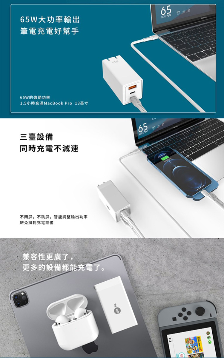 MyStyleMyStyle 65W GaN氮化鎵三孔極速充電器 二出三急速萬用