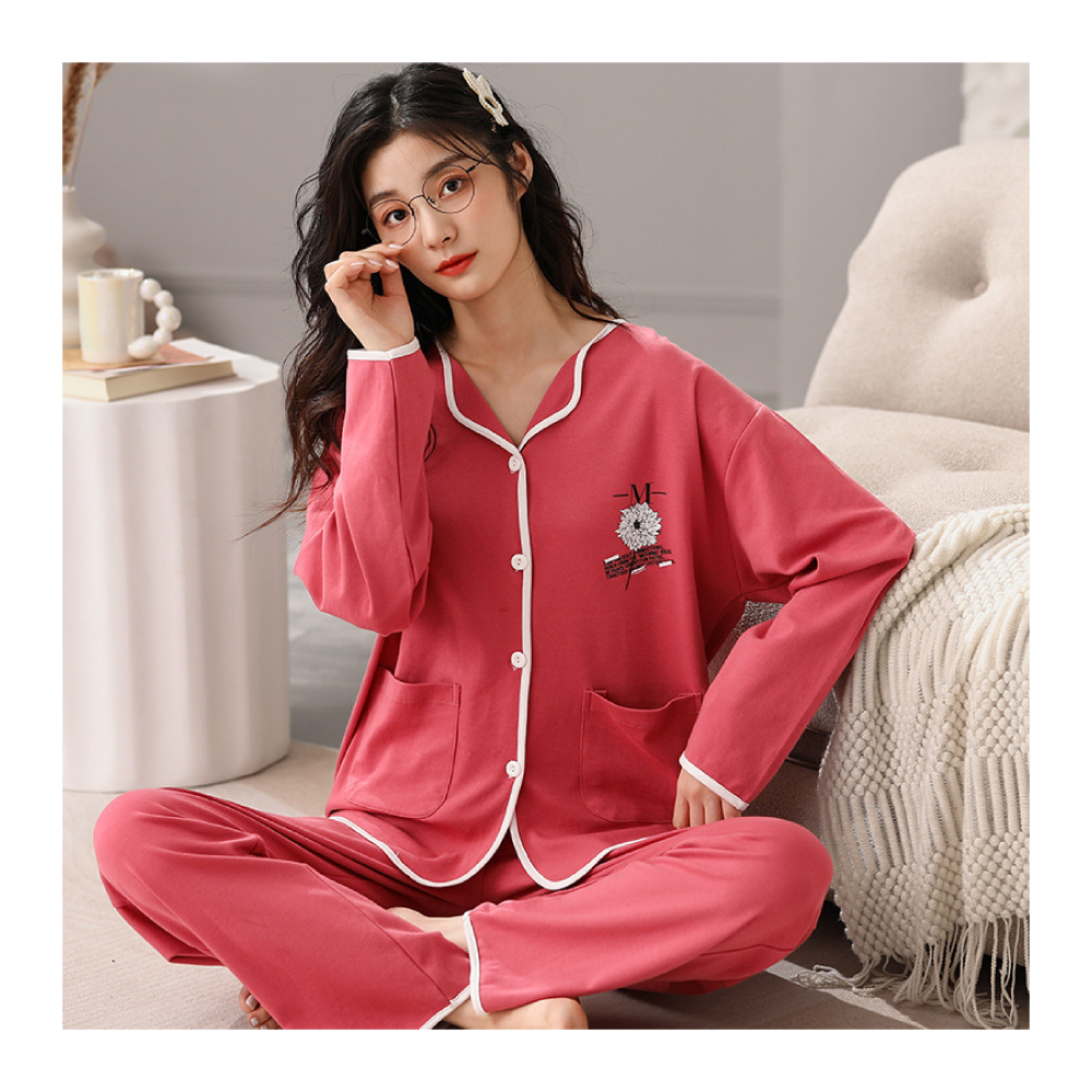 大尺碼寬鬆棉質花紋點綴開襟居家睡衣-4色 居家服 家居服