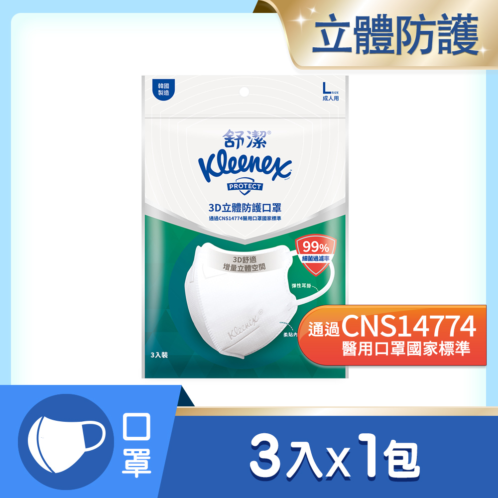【舒潔 Kleenex】3D立體防護口罩 成人L號 韓國進口 (3入/包)