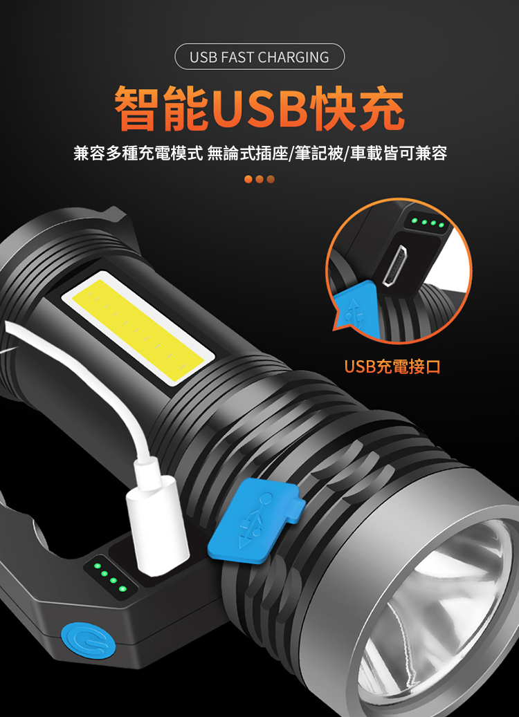 USB雙光源強光手電筒 緊急照明/大功率強光照明/USB快充/三檔燈光