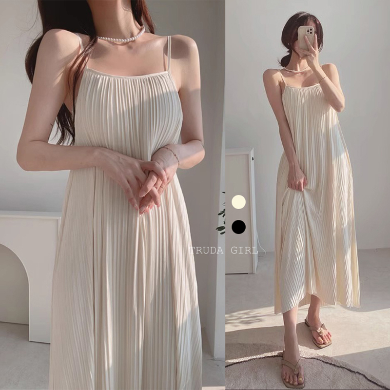 韓系女孩夏日寬鬆雙層百褶吊帶連身裙 洋裝 2色