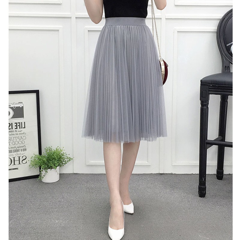 高腰顯瘦A字網紗甜美春夏唯美浪漫長裙 黑/杏/灰色任選