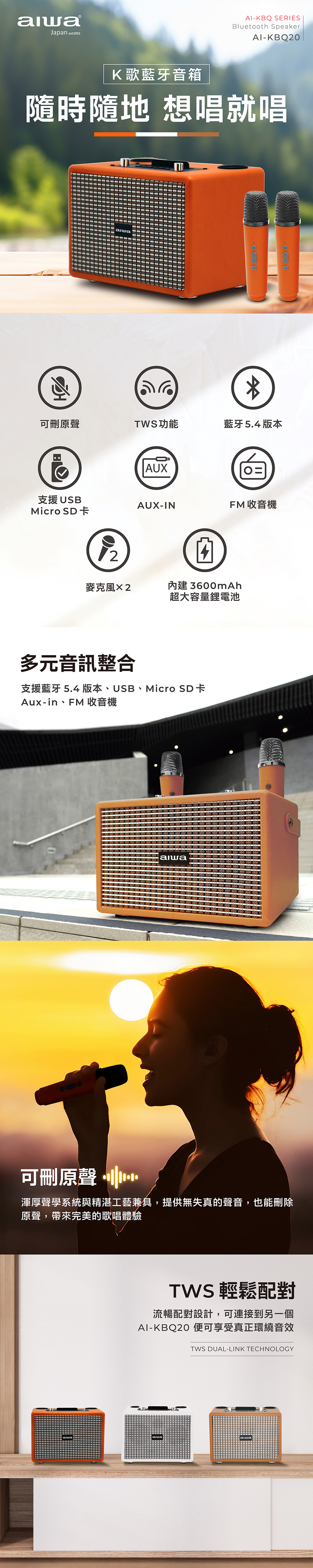 【AIWA 愛華】 雙麥克風K歌藍芽音箱 AI-KBQ20