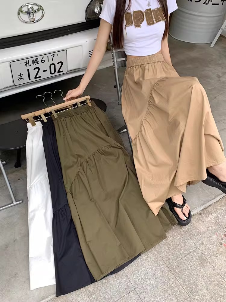 韓版時尚設計感褶皺拼接鬆緊腰長裙 M-XL 多色 