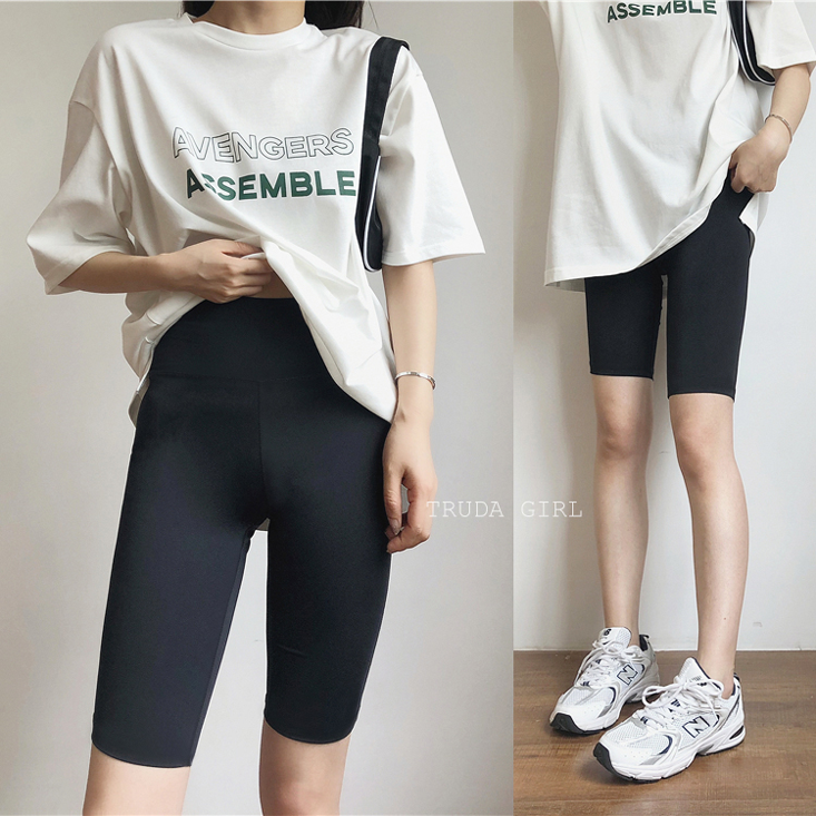 韓系高腰收腹顯瘦修身高彈性休閒五分內搭褲 瑜珈褲 