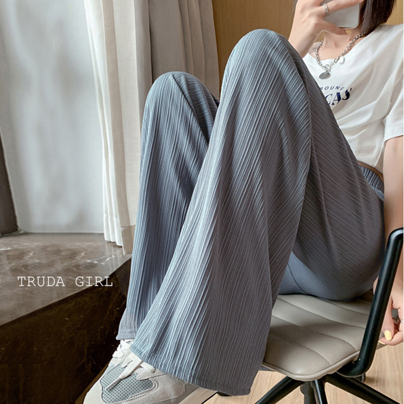 麥穗條紋寬鬆闊腿褲 S-XL涼感寬褲 冰絲褲  透氣舒適鬆緊腰設計