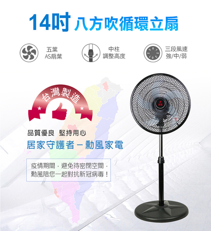  【勳風】集風式14吋立體擺頭電風扇立扇循環扇(HF-B1408)